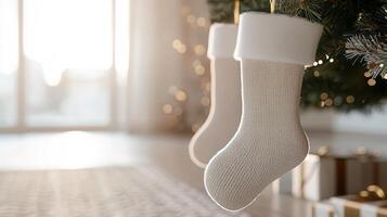 Festive tree stocking hanging on white fireplace mantel, adorned with evergreen sprigs, metallic ornaments, twinkling lights, soft christmas knitted bokeh glowing behind photo