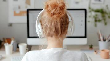 Young girl with headphones studying at a computer, focusing environment her online coursework in a modern home on photo
