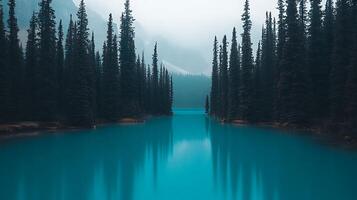 A Calm Alpine Lake Surrounded by Towering Pine Trees photo
