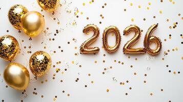 Golden christmas balloons floating, sparkling year falling, festive decor marking jubilant new confetti 2026 celebration photo