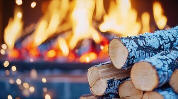 Birch christmas firewood burning, casting warm glow inside rustic fireplace during festive winter evening photo