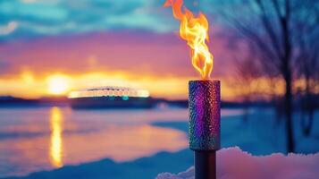snowy torch blazing, casting warm glow against vibrant sunset sky, Olympic mountain peaks creating dramatic silhouetted background photo