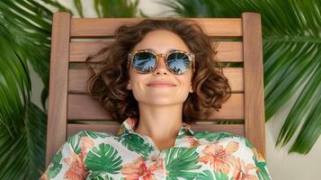 Smiling on wearing sunglasses lounging woman beachside bench, tropical palms and azure surrounding sky her photo