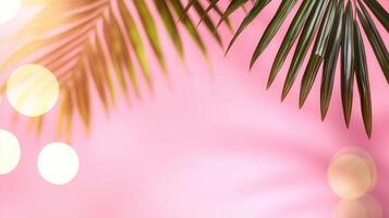 Pastel pink backdrop featuring palm leaf silhouettes, generating summer tropical soft vibrancy photo