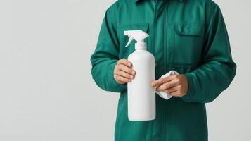 person wearing a green jacket holds a spray bottle and cloth. The background is bright and minimalistic, suggesting a cleaning or maintenance theme. photo