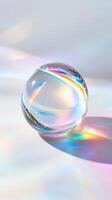 clear glass sphere reflects light and colors soft a smooth surface. The background features hues, pastel on creating a serene atmosphere photo