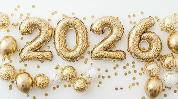 Shimmering golden festive balloons spelling 2026 amid falling confetti, marking christmas new year celebration photo