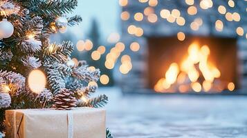 christmas during firewood burning, casting warm glow inside rustic fireplace Birch festive winter evening photo