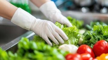 Hands wearing white gloves handling fresh vegetables in a sink. The scene includes peppers, cucumbers, lettuce, and bell tomatoes, emphasizing healthy food preparation. photo