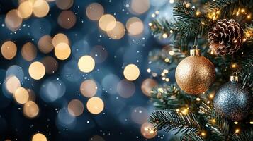 Golden, blue baubles pine and cone decorating evergreen christmas branch, illuminated by twinkling lights with soft bokeh blurring festive holiday background photo