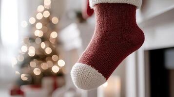 Festive knitted stocking hanging on white fireplace mantel, adorned with evergreen sprigs, metallic ornaments, twinkling soft lights, christmas tree bokeh glowing behind photo