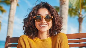 Smiling woman wearing sunglasses lounging surrounding beachside bench, tropical palms and azure sky on her photo
