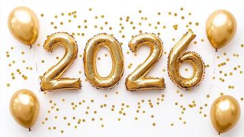 Shimmering golden christmas balloons spelling 2026 amid falling new marking festive confetti, year celebration photo