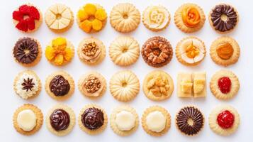 Delicious assortment of decorative cookies arranged in colorful patterns on a white surface photo