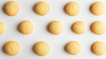 Freshly baked cookies arranged in a perfect pattern on a white surface ready for dessert or snacking time photo