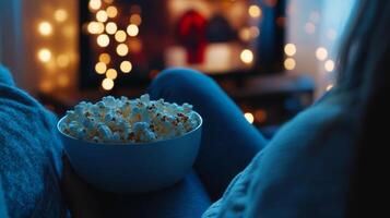 Cozy movie night at home with popcorn and warm lighting in the background during winter season photo