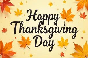 A festive Thanksgiving Day greeting with vibrant autumn leaves against a warm background, celebrating gratitude and togetherness photo