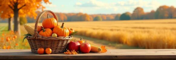Colorful autumn harvest basket with pumpkins and apples set against a golden field under a clear sky photo