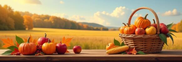 Autumn harvest with pumpkins and apples displayed on a wooden table in a scenic countryside setting on a sunny day photo