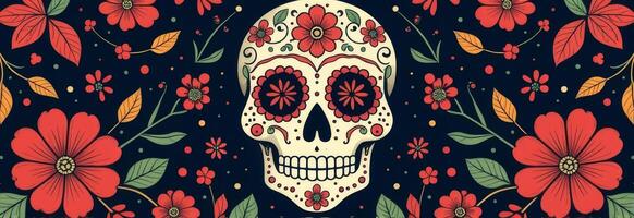 Colorful skull design featuring flowers and leaves on a dark background, celebrating life and remembrance photo