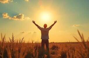 A person stands in a golden field with arms raised towards the rising sun during early morning light on a clear day photo