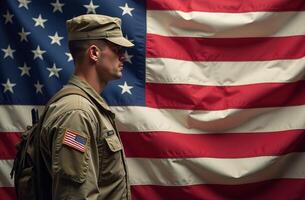Soldier standing proudly with an American flag in the background during a military ceremony in the United States photo