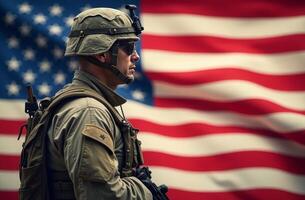 Soldier in tactical gear stands solemnly in front of a waving American flag during a commemorative event in the early morning light photo