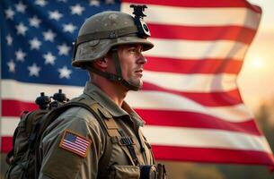 Soldier standing proudly in front of an American flag during sunset, showcasing dedication and patriotism in a solemn moment photo