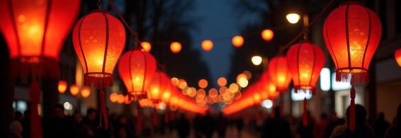 Red lanterns illuminate a lively street festival at twilight, creating a festive atmosphere with guests enjoying the celebration photo