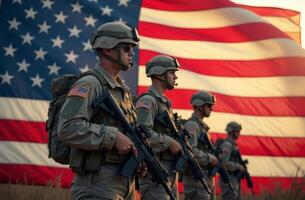 U.S. soldiers standing in formation with American flag in the background during sunset at a military training site photo