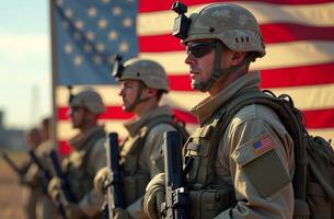 Military personnel standing in formation before an American flag during a drill in a training area at sunset photo