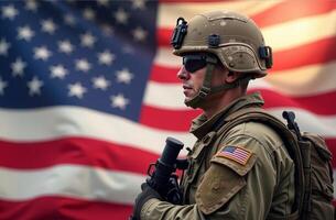 American soldier stands in front of waving flag, showcasing pride and duty during a military ceremony at sunset photo