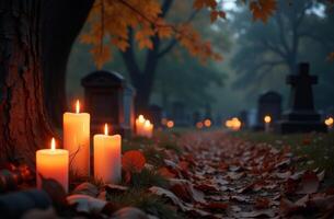 A tranquil cemetery pathway adorned with glowing candles and autumn leaves during a foggy evening in late October photo