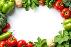 Fresh vegetables arranged around a blank space for healthy eating promotion and recipe design in a bright setting photo