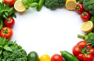 Fresh vegetables and fruits arranged in a colorful circular pattern on a white background, perfect for healthy cooking inspiration photo