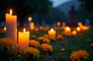Candles glowing amidst vibrant marigolds in a serene graveyard at dusk photo