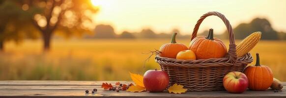 A vibrant basket filled with pumpkins and apples resting on a wooden table in a golden field during sunset photo