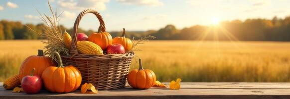 Autumn harvest scene featuring a basket filled with pumpkins, apples, and corn set against a golden sunset in the countryside photo