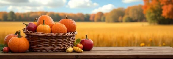 A rustic basket filled with colorful pumpkins and apples set against a vibrant autumn landscape in golden sunlight photo
