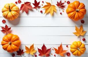 Colorful autumn arrangement featuring orange pumpkins and fall leaves on a rustic wooden background photo