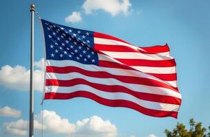 American flag waving against a clear sky with clouds in the background during the day in a serene outdoor setting photo