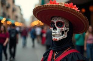 A person wearing a decorative skull mask and sombrero celebrates in a vibrant street during a festive event in an urban setting photo