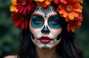 A woman adorned with vibrant flowers and intricate skull makeup celebrates Day of the Dead in a lush outdoor setting photo