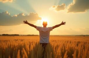 A person stands in a wheat field with arms outstretched, welcoming the sunrise under a vibrant sky at dawn photo