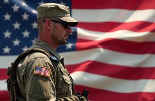 A soldier stands guard in front of a large American flag during a summer day, showcasing patriotism and dedication to service photo
