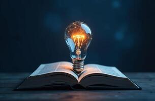 A glowing light bulb illuminating an open book against a dark background creating an atmosphere of knowledge and creativity photo