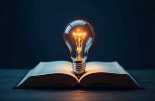 An illuminated light bulb rests atop an open book on a dark background symbolizing the fusion of knowledge and innovation photo