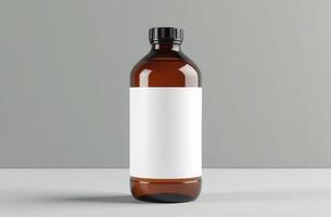 Brown glass bottle with blank label sits on a neutral background, ready for various storage uses in modern settings photo