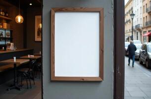 Blank poster frame outside a cafe on a bustling street in the late afternoon inviting passersby to stop and learn more photo