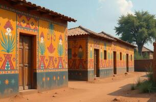 Colorful painted houses showcase traditional art in a rural village surrounded by nature during a sunny afternoon photo